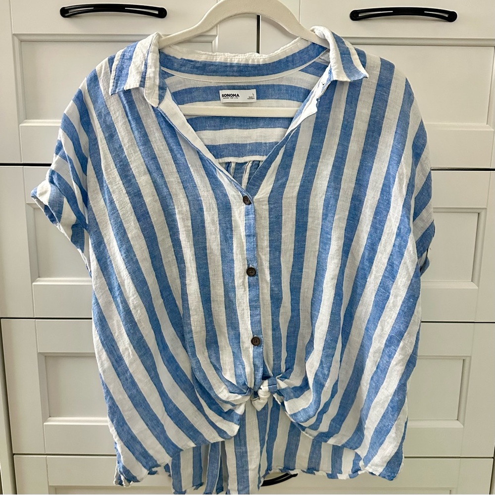 Sonoma Blue and White Striped Cropped Tie-Front Shirt